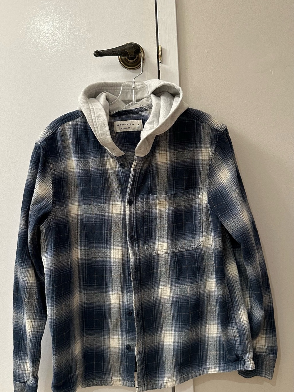 Aeropostale Men’s Navy and Gray Plaid Hooded Shirt Jacket